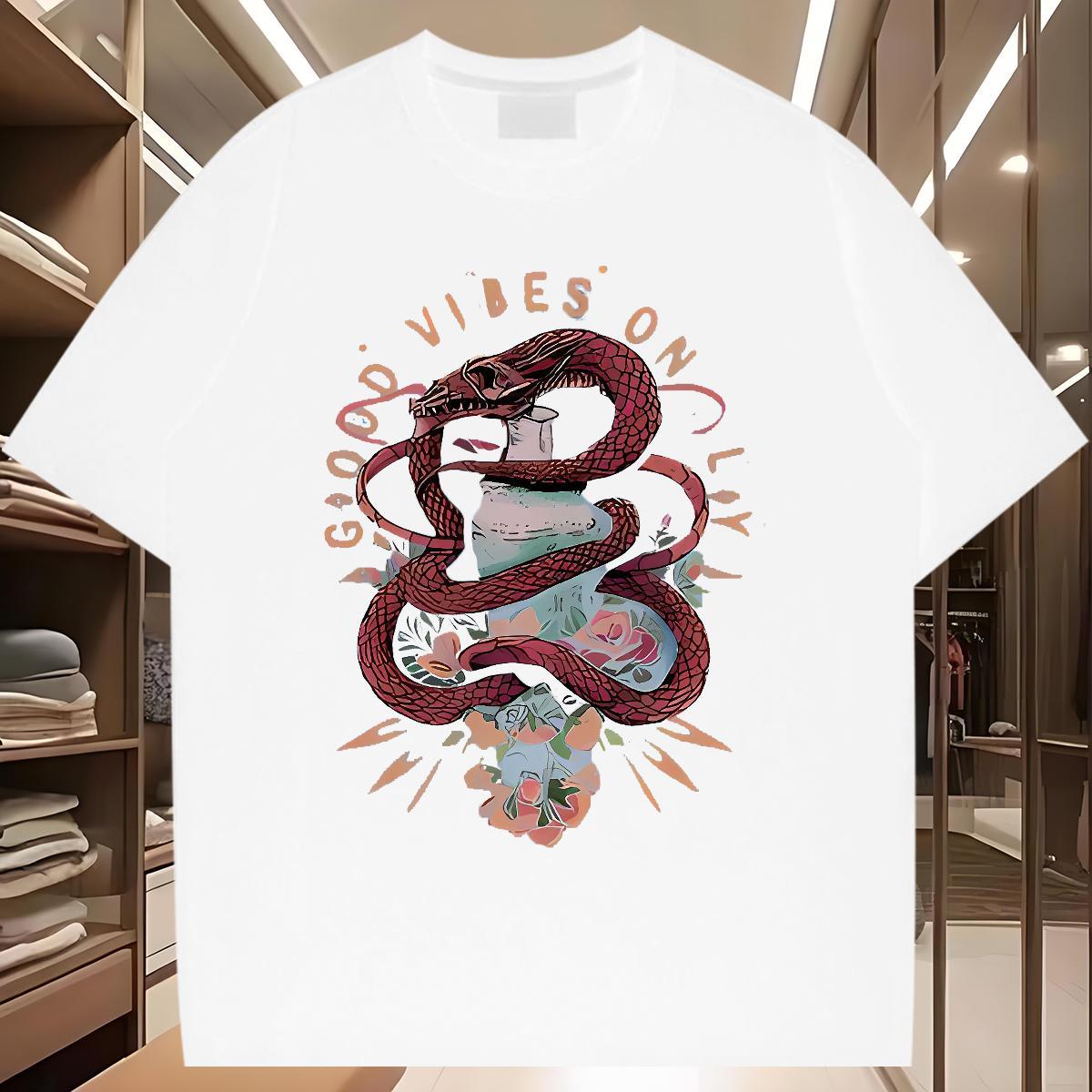 Fashion Casual T Shirts Men 230g 100% Cotton snake Beach Tees Shirts Breathable Crew Neck Designer Men Clothes T-Shirt Anime Print