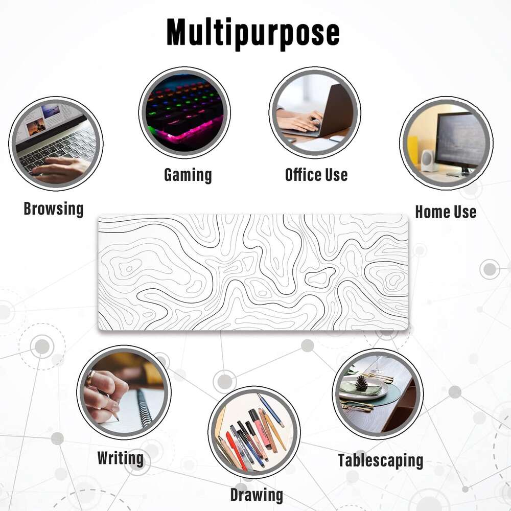Ovenbird Large Gaming Mouse ed Edges, Minimalist Topographic Map Mat, Extended XL Mousepad with Anti-Slip Base, Cool Desk Pad for Keyboard and Mouse, 