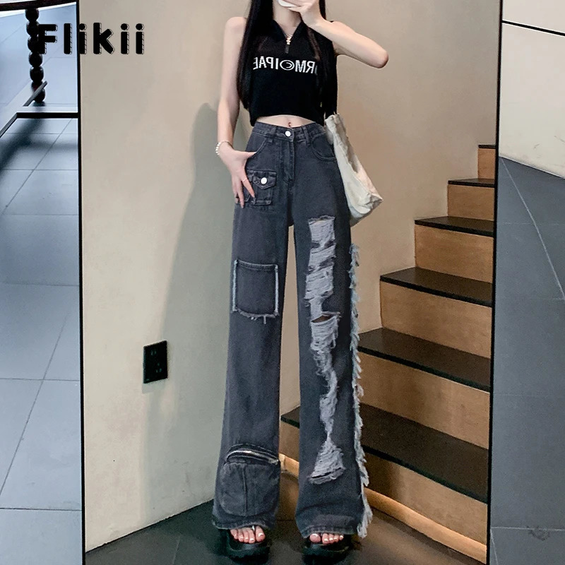 Womens Y2K Baggy Japanese 2000s Denim Trouser Washed Vintage Casual Pants High Street Retro High Waist Trashy Ripped Jeans 240806
