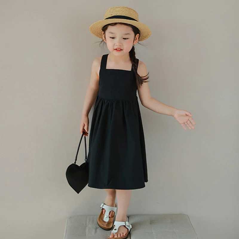 Summer Preschool Girls Dress Cotton Sweet Cold Wind Cross Backless Party Princess Dress 3-8 Years Black Pink Baby Girls DressW240720