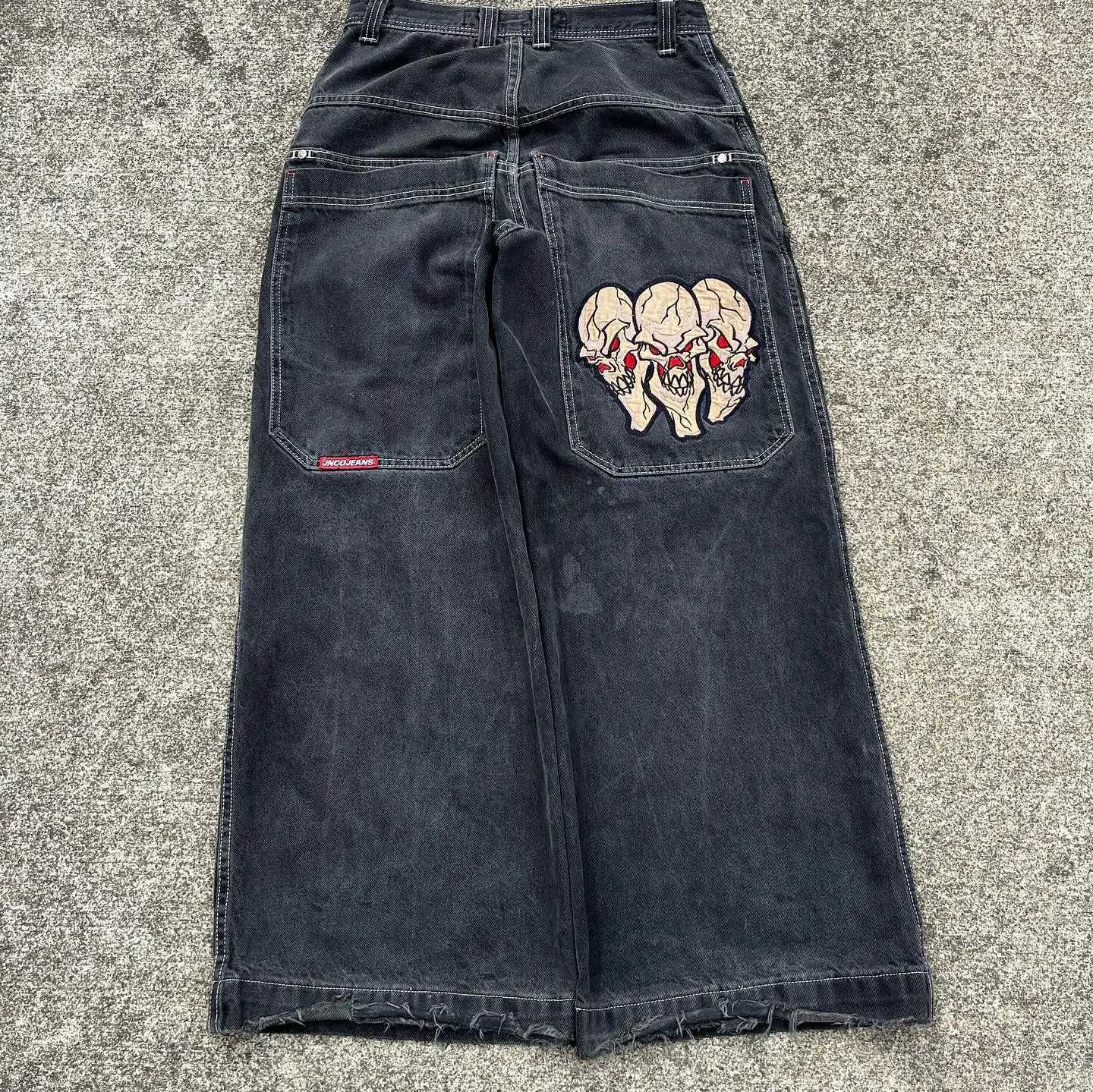 Harajuku Three Skulls Denim Jeans JNCO Y2K Mens Retro Baggy Womens Low Rise Black Straight Wide Leg Pants Trousers StreetwearM240803
