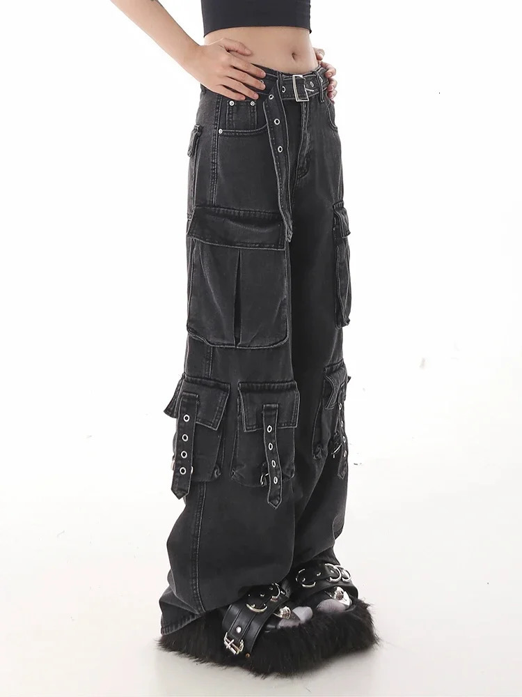 Pure Color Classic High Waist Street Female Wide Leg Pants American Fashion Multiple Pockets Simple Casual Loose Women Jeans 240806