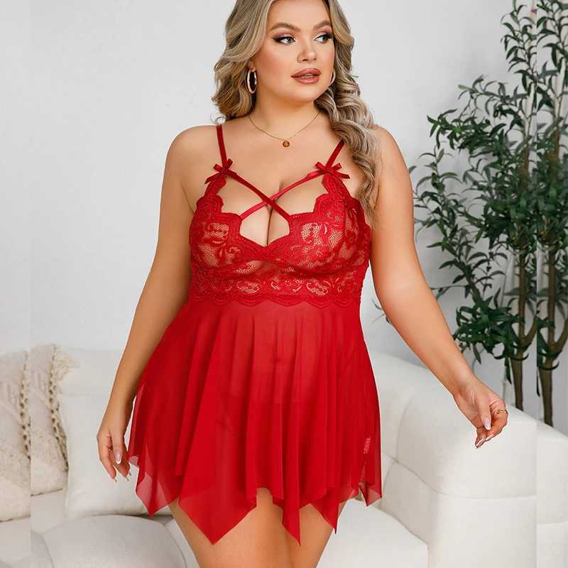 Plus Size Womens Erotic Nightgown Transparent Short Section Tulle Sexy Drees Sex Lingerie With Thong Exotic Baby Doll DressesXJ250220