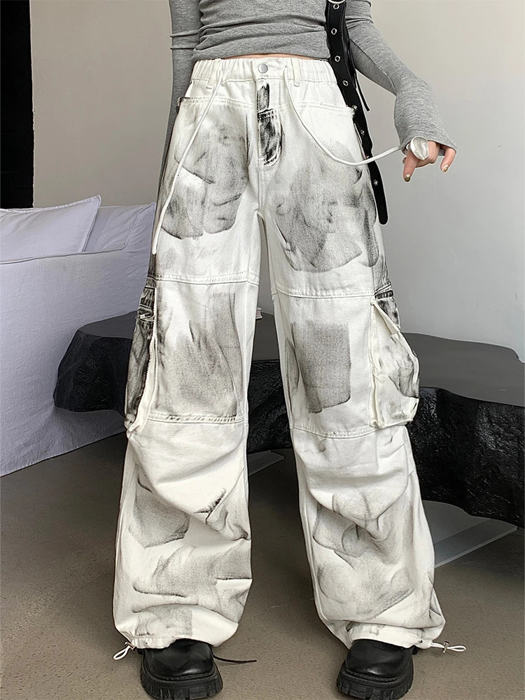 Womens White Cargo Jeans Baggy Vintage High Waist Cowboy Pants Harajuku Aesthetic Tie-Dyed Denim Trousers 90s Y2k Clothes 240806