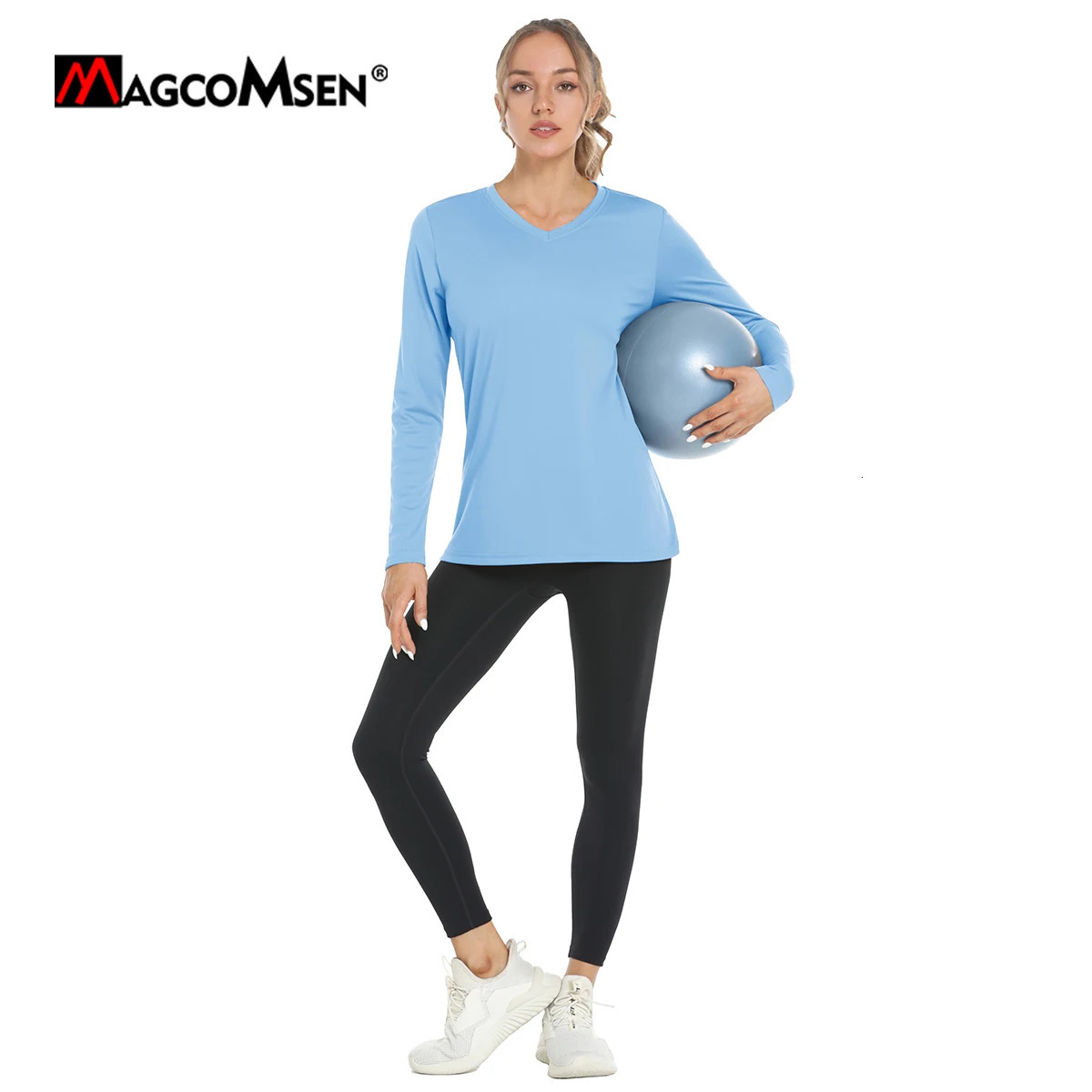 MAGCOMSEN Summer Womens Sun Protection V Neck Hiking Shirts Lightweight UPF50 Long Sleeve Quick Dry T-shirts Outdoor Pullovers 240806