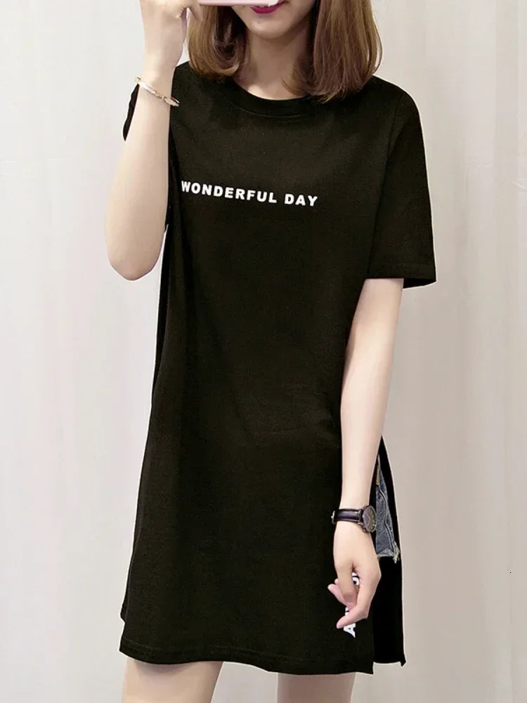 Women T-shirts Anime Y2k T Shirts Gothic tops Summer Loose Slit Femme Cotton T shirt Print Long Short Sleeve Ladies T-shirt 240806