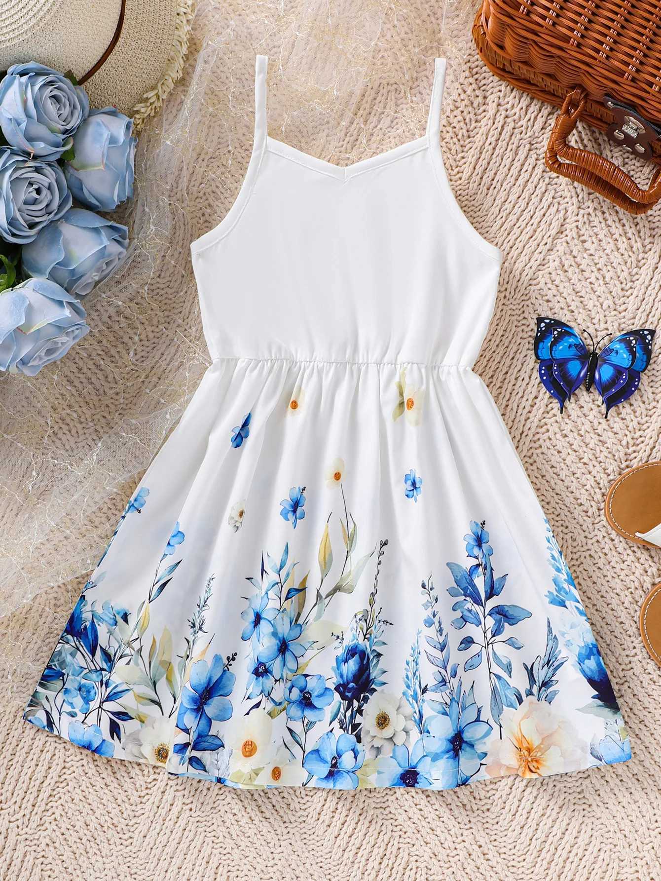 Childrens Girls Summer New Sling Dress Flower Printed Pendant Dress Cute and Adorable Childrens Daily Casual Clothing 4-7 Years OldW240720