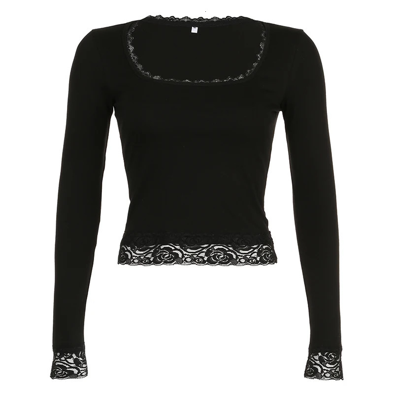 CIBBAR Vintage Lace Stitched Black Crop Top Women Basic Skinny Long Sleeve Solid T Shirt Autumn Winter Casual Tee Shirt y2k 240806