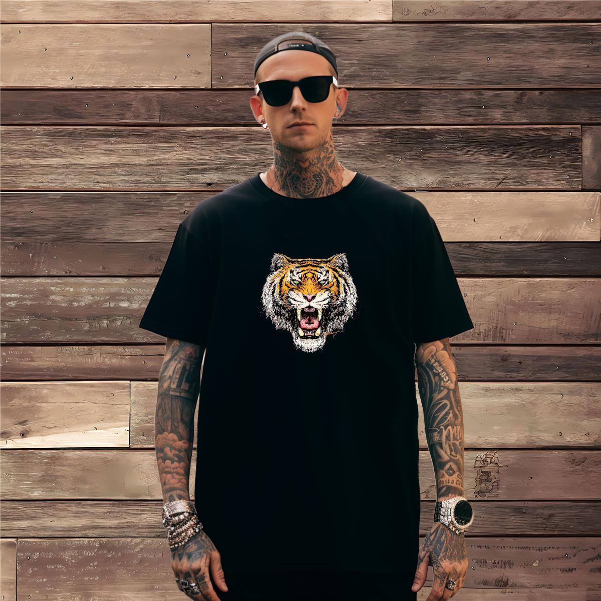 Mens T Shirts 230g Pure Cotton tiger Casual Daily Wear Breathable Short Sleeve Black Oversized Tshirt for Man Woman Fashion Design Classic Top Tees