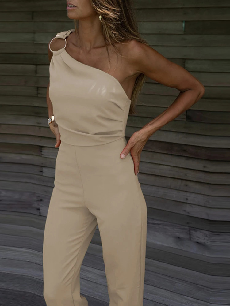 Sexy Backless Sleeveless Jumpsuit Summer Women Elegant Diagonal Collar One Shoulder Playsuits Fashion Solid Slim Ladies Rompers 240806