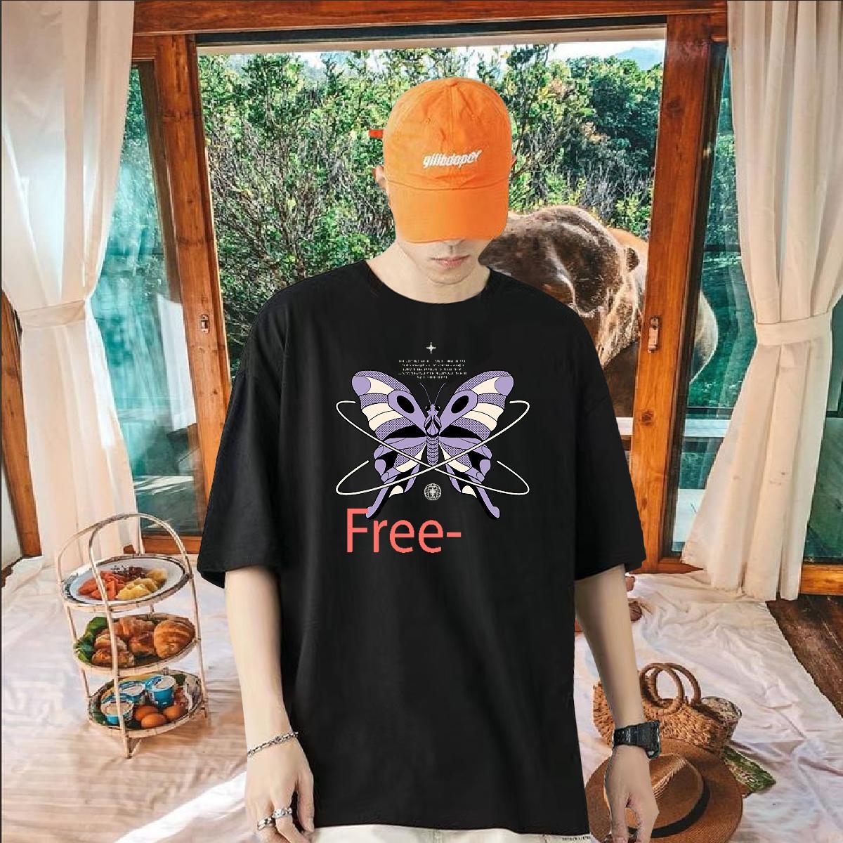 New Men T Shirts 230g Cotton Butterfly Street Wear Tops Tees Crew Neck Classic Men Tops Tees Custom Anime