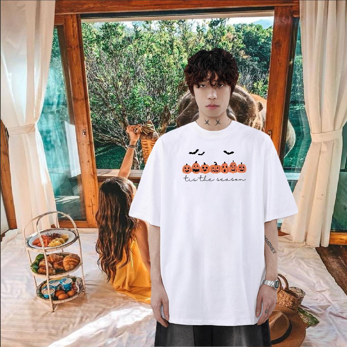 2024 DIY Mens T Shirts 230g Pure Cotton pumpkin Sport Clothes Breathable Crew Neck Loose Men Tshirts DIY Logo Oversized