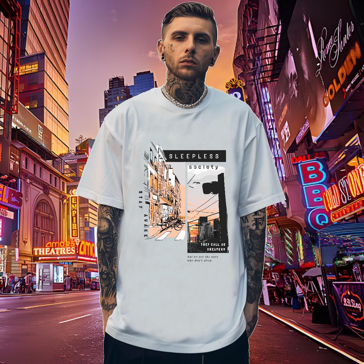 High Quality Couples T Shirts 230g Cotton Tall buildings, streets T-Shirts Casual Beach Breathable Crew Neck Custom Printing Brand Tshirts