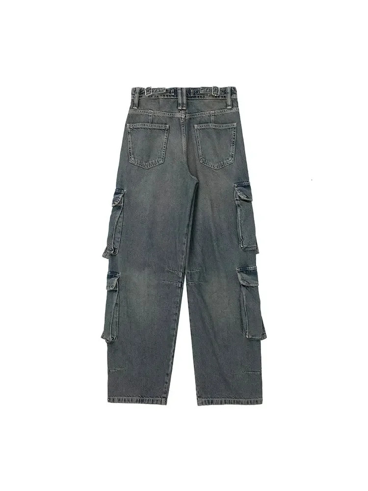 Spring Autumn Woman Pocket Workwear Denim Cargo Long Pants Fashion Mid Waist Vintage Casual Street Loose Trousers 240806