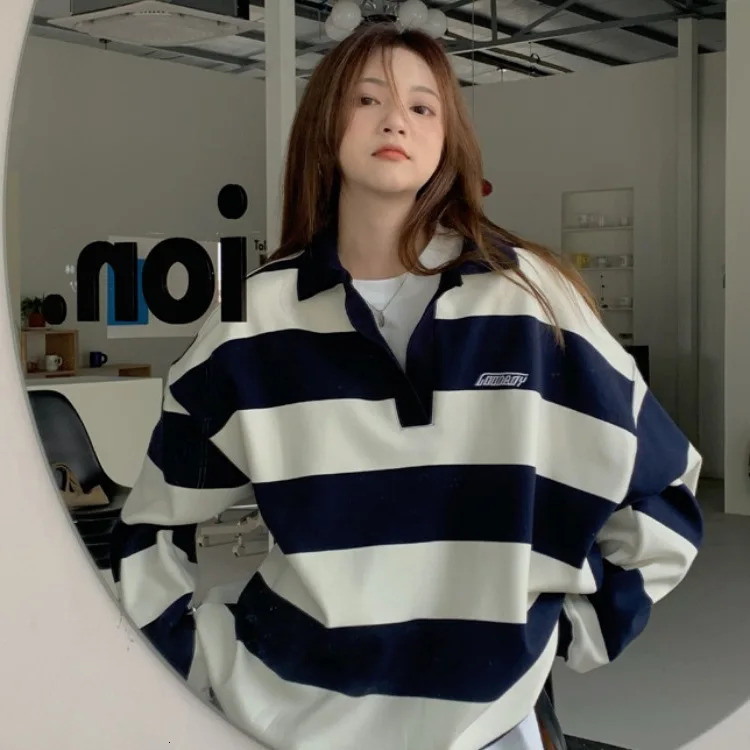 Harajuku Striped Sweatshirt Women Korean Style Preppy Pullover Female Fashion Polo Sweatshirt Ladies Casual Long Sleeve Top 240806