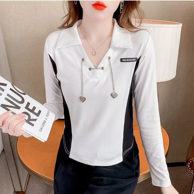 Spring Womens Polo Neck Tee Shirt Autumn Streetwear Clothes T Shirts for Women Long Sleeve Korean Fashion Clothing Casual Top 240806