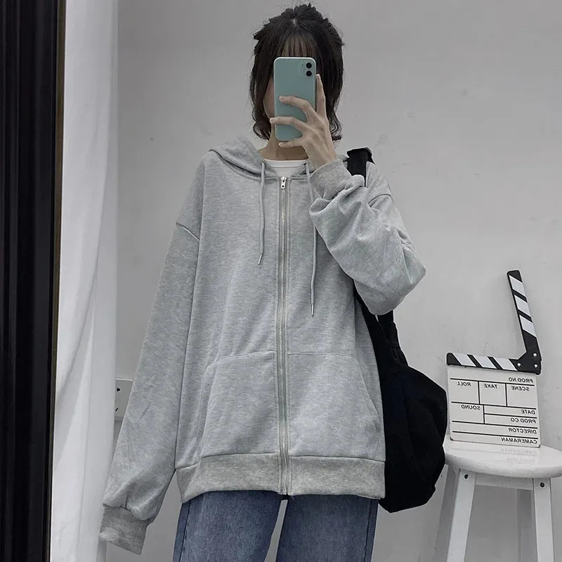 Autumn Womens Zipper Hoodie High Street Double Pockets Sweatshirts Outerwear Top Woman Grey Oversize Loose Hoodies Ladies 240806