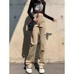 American Style Vintage Wide-leg Denim Cargo Pants For Women High-waisted Straight-leg Slimming Casual Trousers Arrival Spring 240806