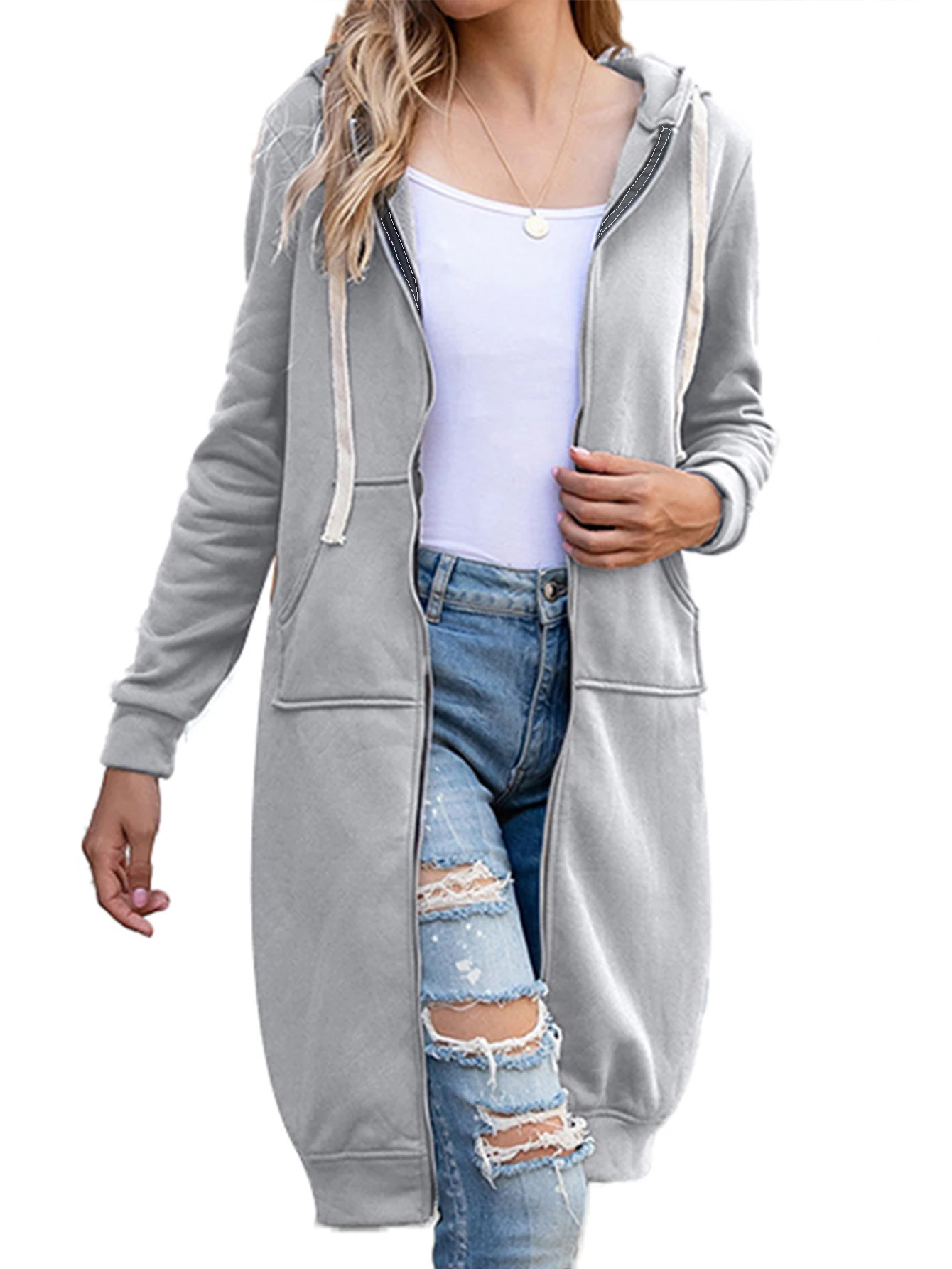 Plus Size Long Hoodies Tunic Fashion Sweatshirts Fleece Knitted Zip Up Jackets With Pockets For Women 240806
