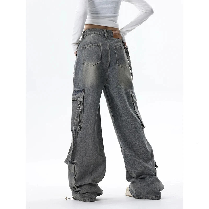 Women Vintage Blue Gothic Cargo Jeans Y2k Wide Leg Denim Pants Oversize 2000s High Waist Jeans Korean Baggy Trousers 90s Jeans 240806