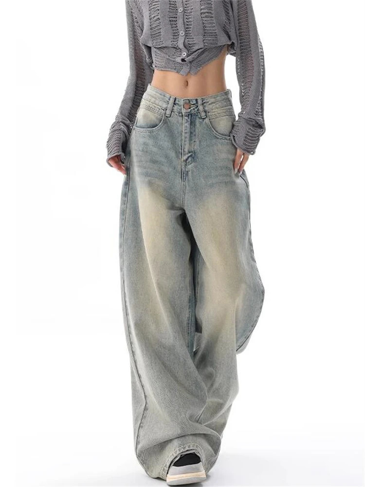 Womens American Vintage Washed Thin Jeans Street Casual Neutral Style Blue Denim Trousers Female High Waist Straight Pants 240806