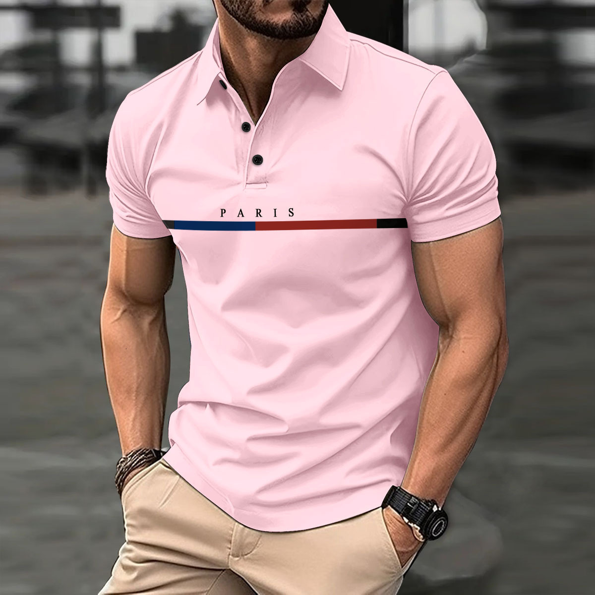 2024 Summer Men's Striped French Block Button Polo Sports Top