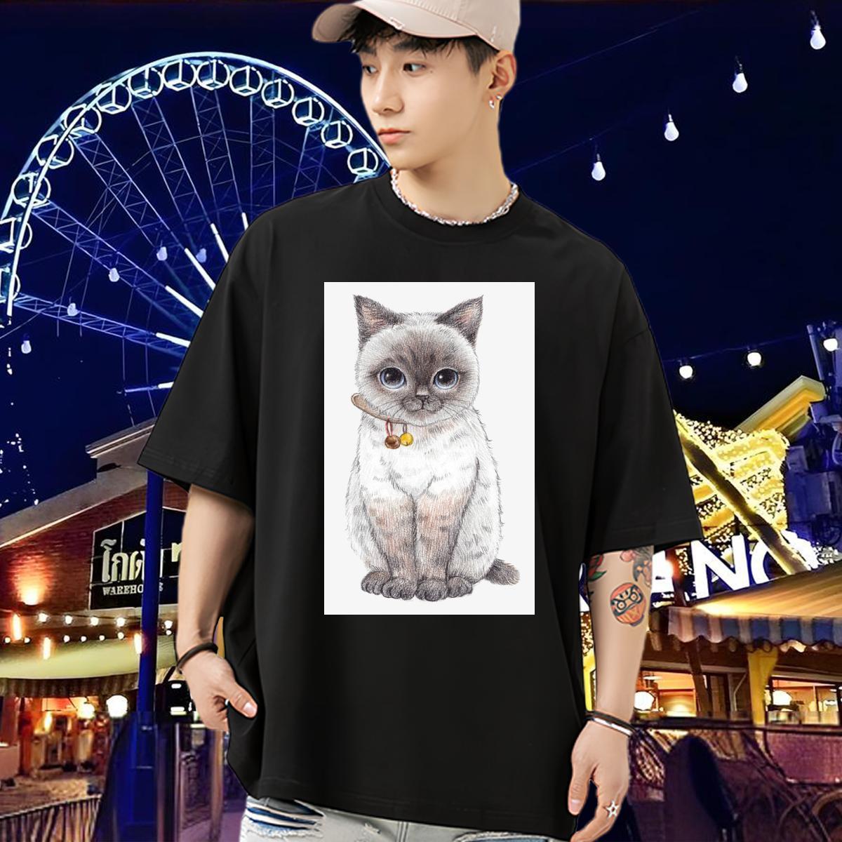 Customized Man T Shirts 230g Pure Cotton cat Outdoor Clothes Breathable Crew Neck Brand Mens Tshirts Oversized 4XL