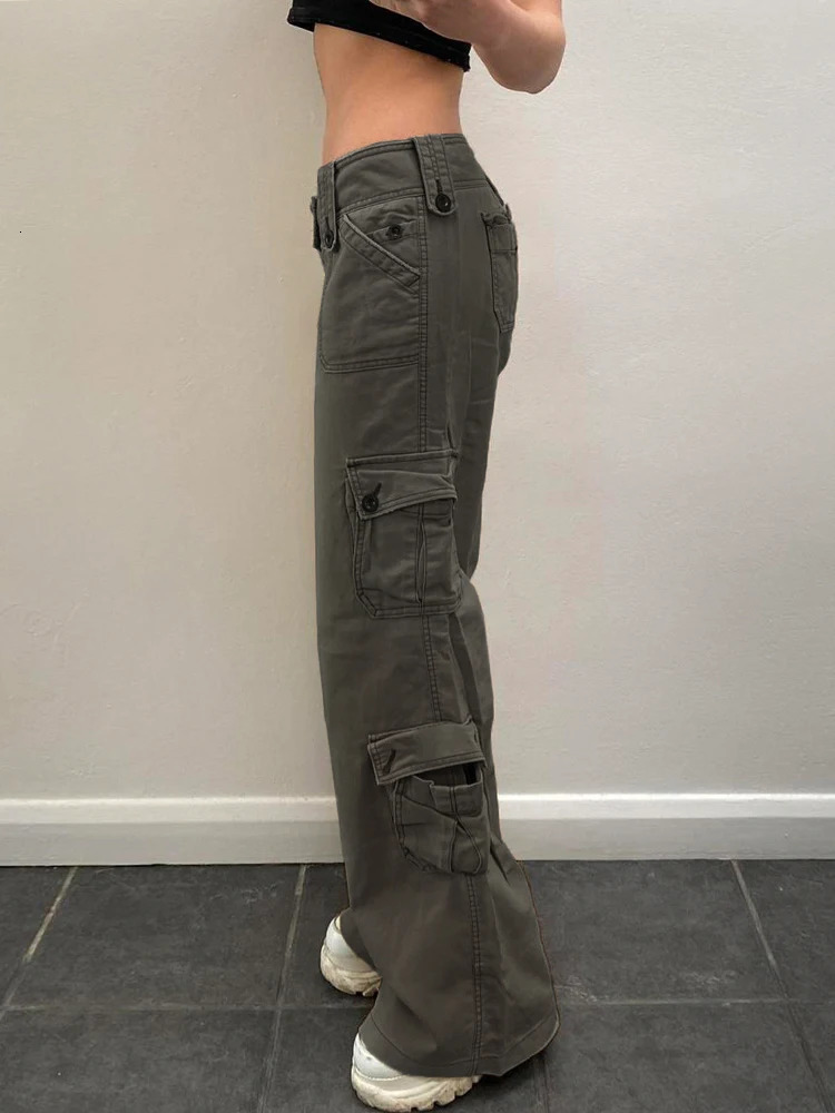 Weekeep Baggy Women Jeans Low Rise Button Fly Straight Womens Denim Cargo Pants y2k Grunge Trousers Pocket Patchwork Streetwear 240806