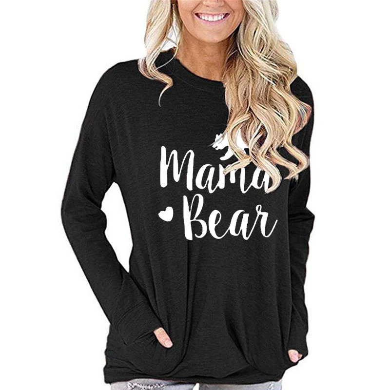 Womens Mama Bear Shin Printed T-shirt Animal Graphics Harajuku Street Clothing Casual Fashion Womens Y2K Top Long Sleeve T-shirt 240826
