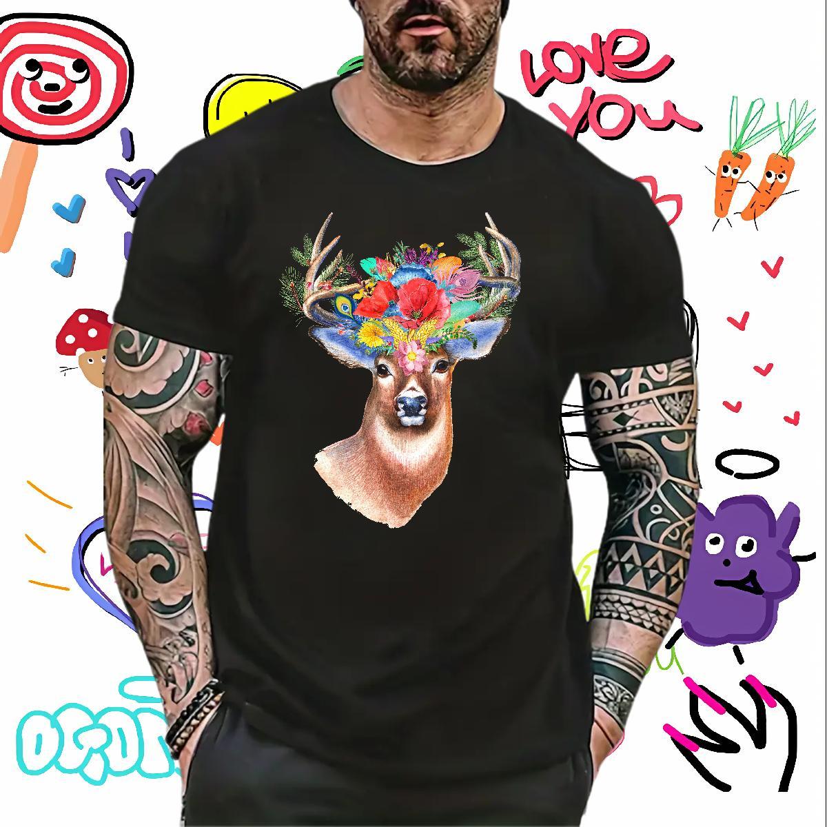 Fashion Designer Men T Shirts 230g 100% Cotton Deer Casual Beach Top Tees Crew Neck Classic Mens Tshirts Cartoon Print