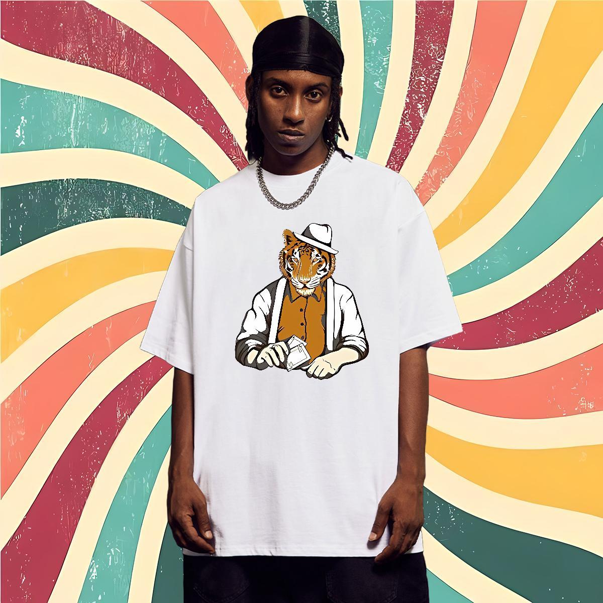 Fashion Casual T-Shirts for Men 230g Cotton tiger Sports Casual Tshirts Breathable Short Sleeve High Quality Mens Tshirts Anime
