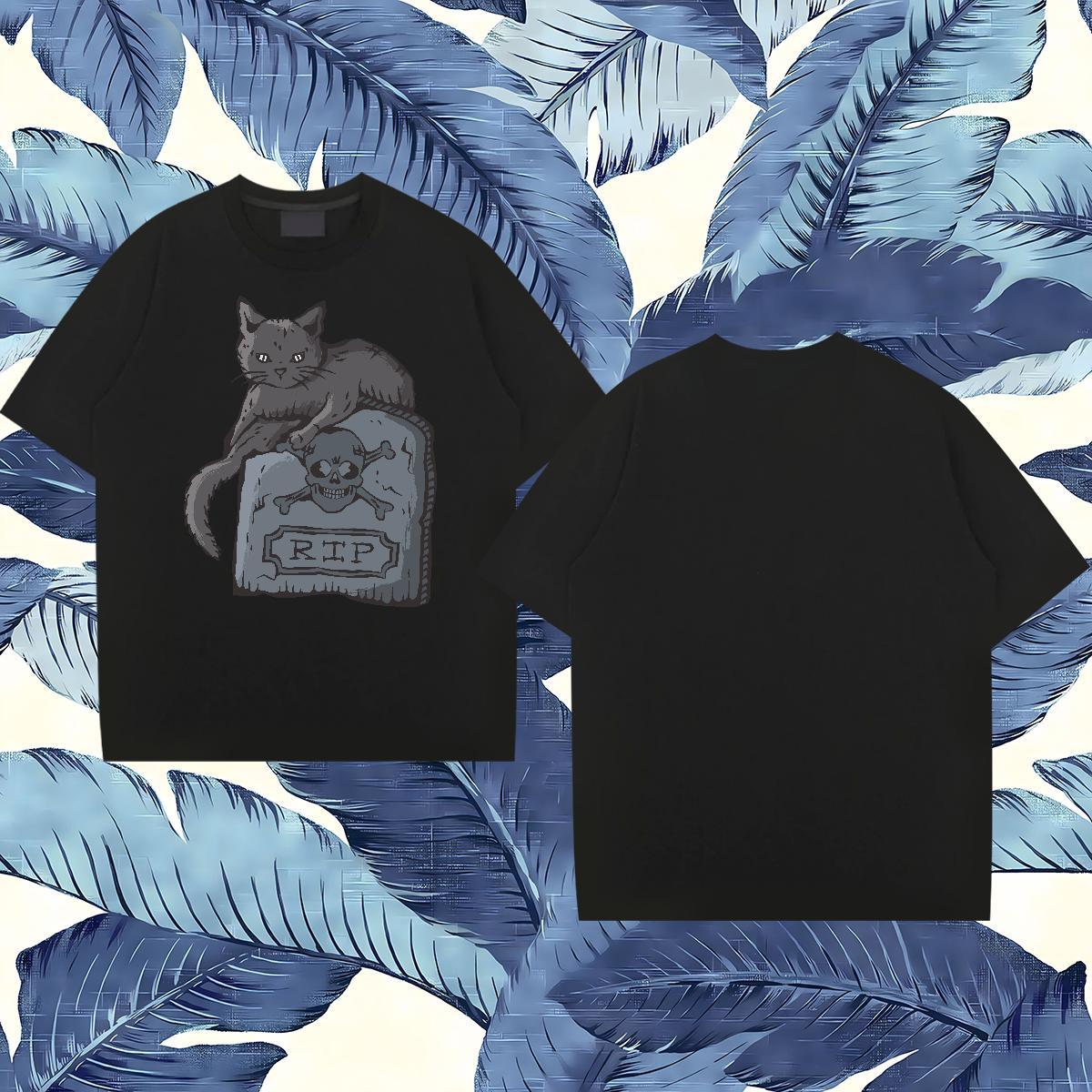 New Designer T Shirts Men 100% Cotton 230g cat Casual Daily Wear Tops Short Sleeve O-Neck Free Shipping Men Tops Tees Anime Print