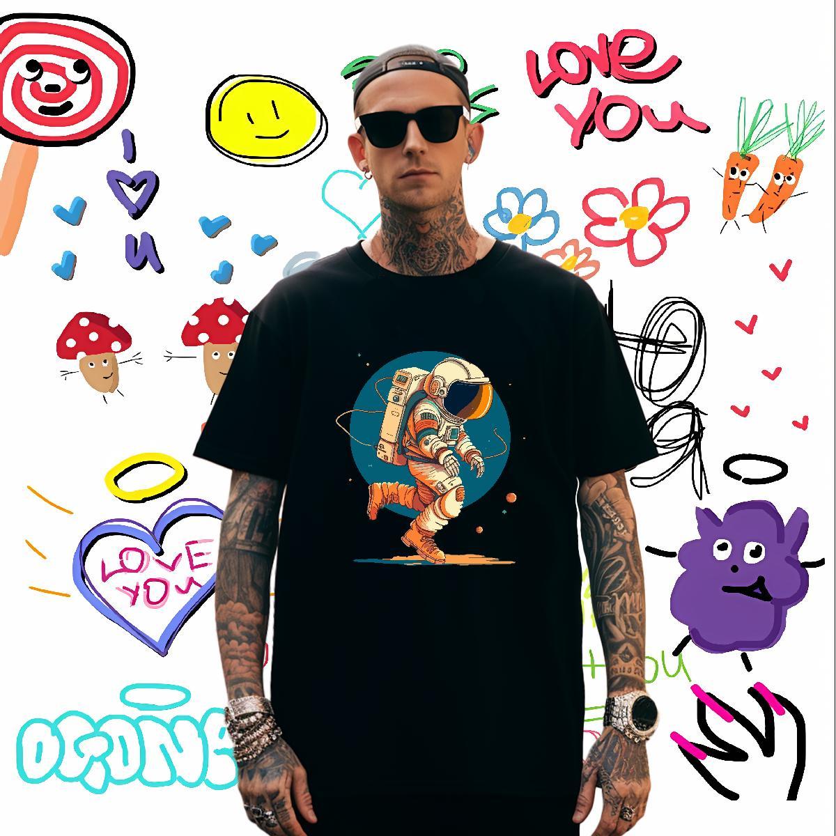 T-Shirts 230g 100% Cotton cosmonaut Anime Printing Street Breathable Crew Neck Custom Printed Mens Tshirts Classic High Quality Tops Tees