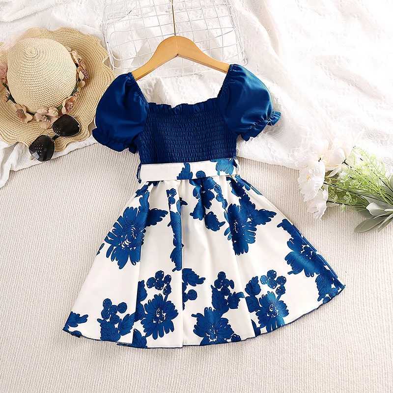 Girl Dress Summer New Sweet Printing Patch Work Bubble Sleeve Blue Princess Dress Birthday Party Dress Girl Baby ClothingW240720
