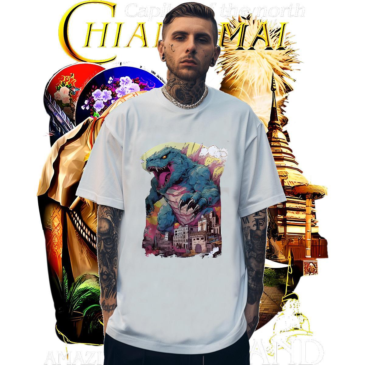 Comfortable Men Tops Tees 100% Cotton 230g dinosaur Mens T Shirts High Street Hip Hop Pure Cotton Custom Big Size Customized Top Tees