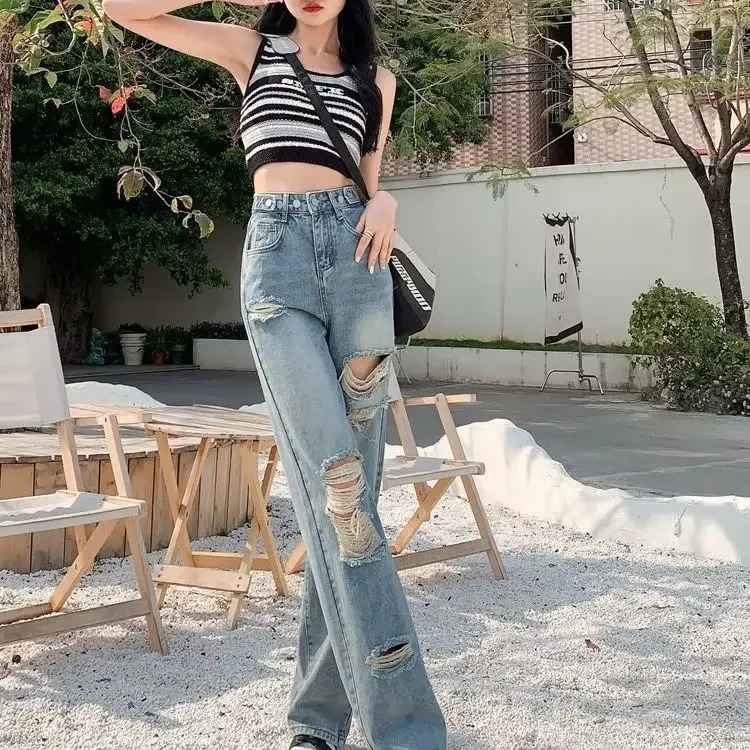 Straight-leg Jeans Womens High-waisted Slimming Stretchy Versatile Loose-fit Wide-leg Draped Pants Summer Arrival 240806