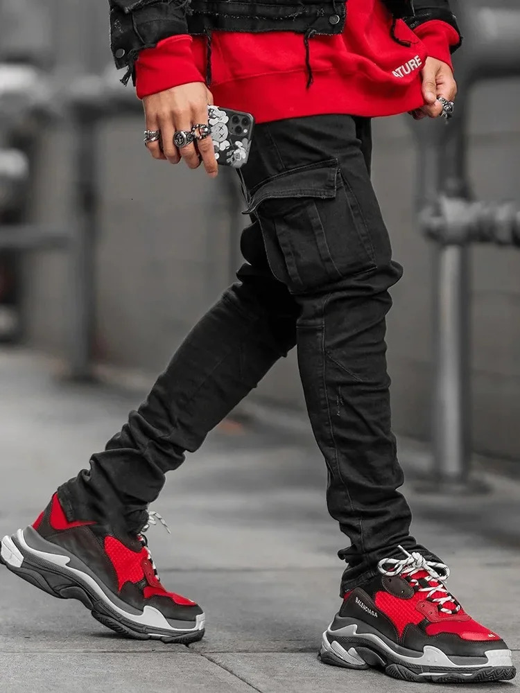 Men Wash Solid Color Multi Pockets Casual Trousers Slim Fit Daily Wear Joggers Street Elastic Jeans Men Tight Denim Cargo Pants 240806