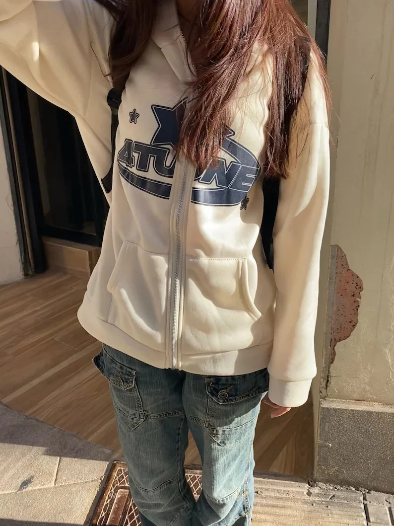 Star Letter Print Retro Oversized Zipper Hoodie Mens Harajuku Sportswear Long Sleeve Autumn Womens Y2K Jacket 240816