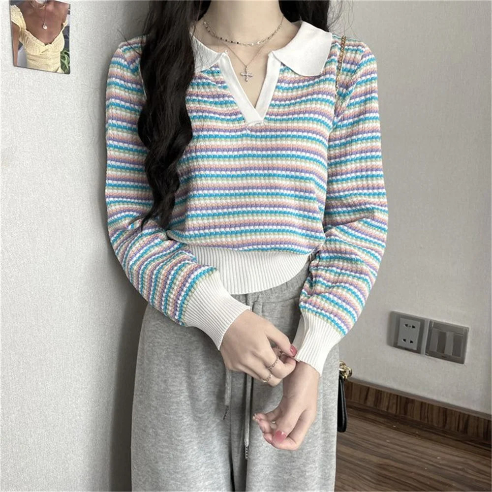 Autumn sweater knitted polo T-shirt womens loose casual polo collar long sleeved bottom striped top womens clothing y2k 240827
