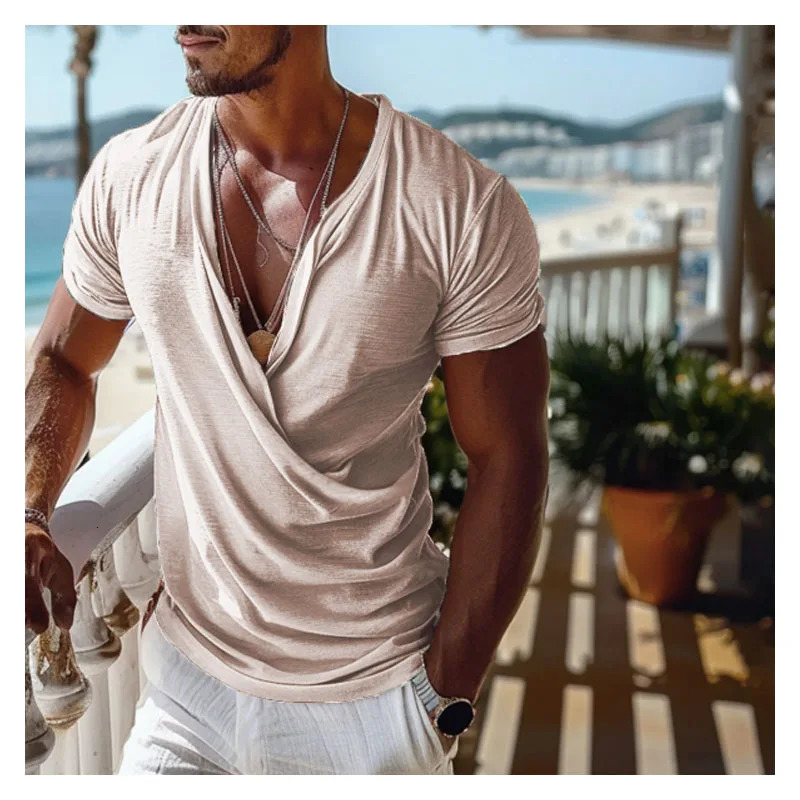 Mens V-neck Short-sleeved T-shirt Summer Mens Vacation Tulum V-neck Solid Color T-shirt Simple Mature Mens T-shirt Top Y2k 240816