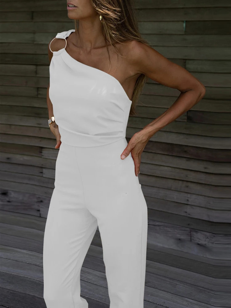 Sexy Backless Sleeveless Jumpsuit Summer Women Elegant Diagonal Collar One Shoulder Playsuits Fashion Solid Slim Ladies Rompers 240806