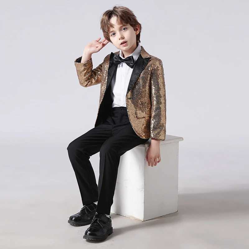 Suits Childrens High-end Gold Sequin Suit Boys Piano Performance Party Host Costume Kids Fashion Blazer Jackets Bowtie Clothes