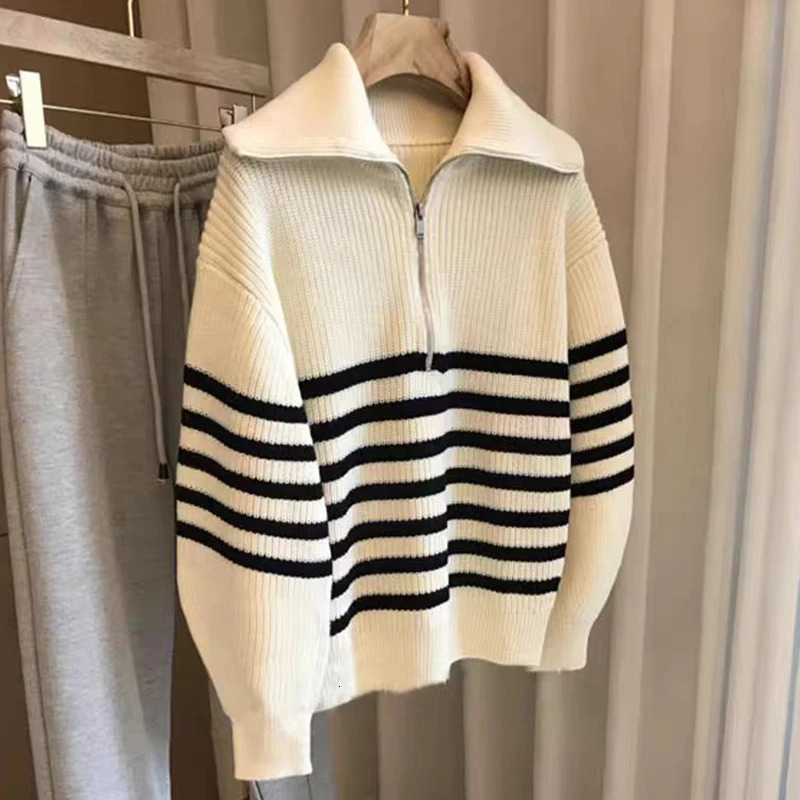 HELIAR Women Striped Loose Knit Sweater Casual Long Sleeve Zipper Polo Collar Sweaters Thickened Warm Pullovers Autumn Winter 240806