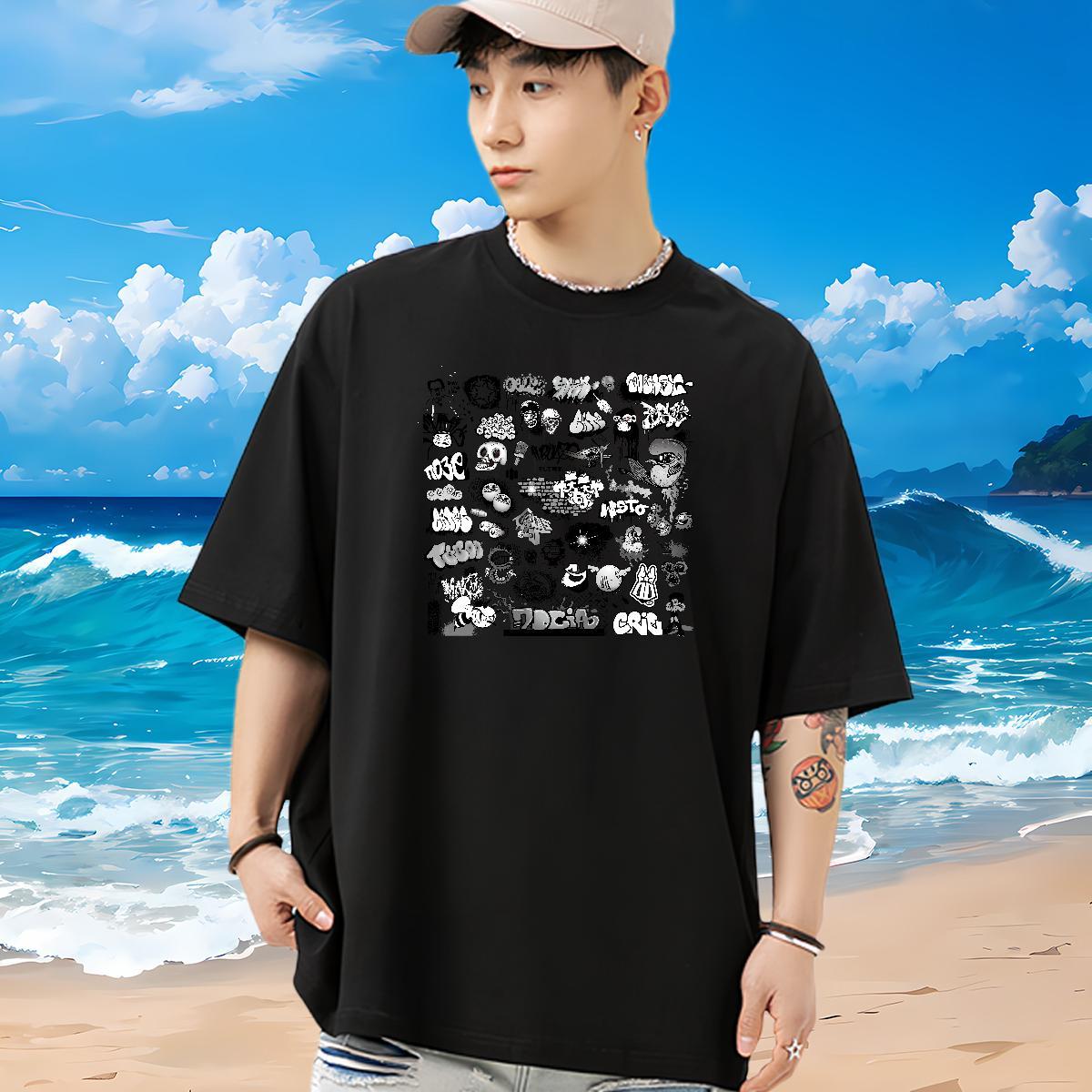 Casual New Mens T Shirts skull Clothes 230g Pure Cotton Summer Casual Popular DIY Breathable Short Sleeve Men Tops Tees