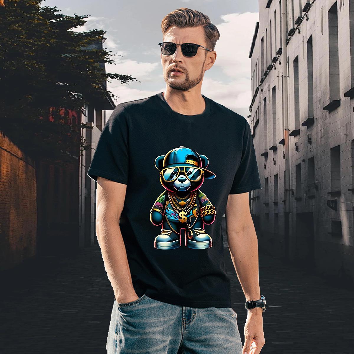 Wholesale Men Tshirts 100% Cotton 230g Daily Wear bear Cartoon Print Breathable Crew Neck New Designer T Shirts Men Polos
