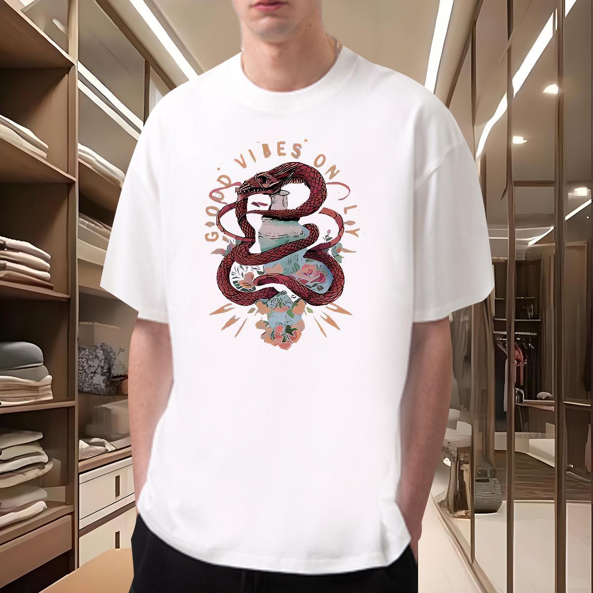 Fashion Casual T Shirts Men 230g 100% Cotton snake Beach Tees Shirts Breathable Crew Neck Designer Men Clothes T-Shirt Anime Print