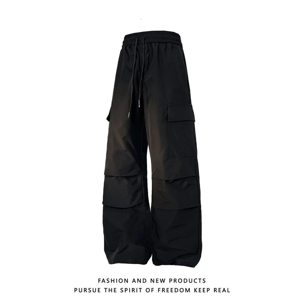 Wide Leg Drawstring Black Cargo Pants Korean Harajuku Casual Baggy Overalls Mens Streetwear Loose Oversized Trousers 240806