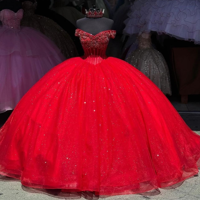 Red Sparkly Princess Quinceanera Dresses 2024 Crystal Beads Tull Corset Lace-up vestidos 15 de xv anos Sweet 16 Gown