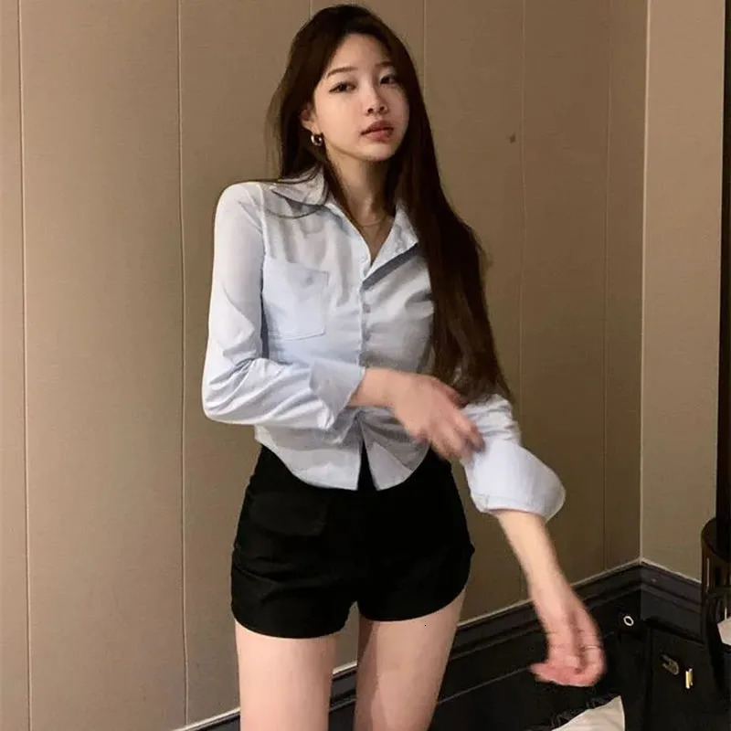 Sexy Skinny Short Women Shirts Spring Autumn Long Sleeve School Uniform Shirt Female Korean Chic Button Up White Shirt Tops 240806