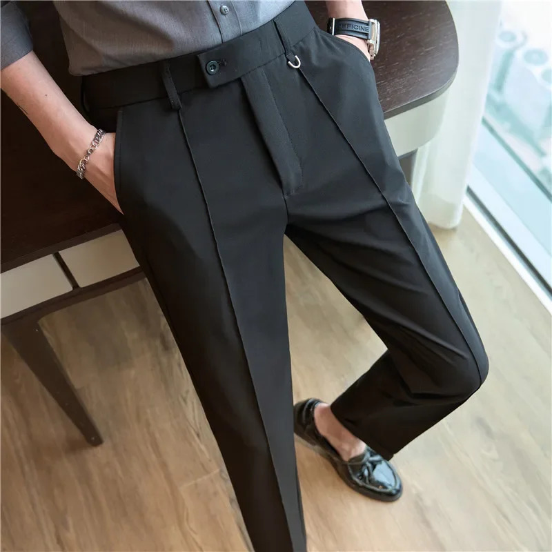 Men Suit Pants Trousers Spring Elastic Waist Solid Slim Fit Dress Office Business Casual High Quality Mens Clothing 240806